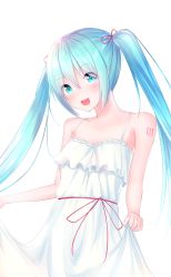 Rule 34 | 1girl, absurdres, aqua eyes, aqua hair, bare arms, bare shoulders, caffeinechara, dress, hair ribbon, hatsune miku, highres, long dress, looking down, nose, open mouth, ribbon, smile, solo, spaghetti strap, sundress, upper body, vocaloid, white background, white dress