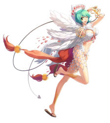 Rule 34 | 1girl, angel wings, blue nails, bow, bracelet, breasts, flower, green eyes, green hair, grin, heart, jewelry, large breasts, legs, leona (pixiv), matching hair/eyes, midriff, nail polish, official art, one eye closed, open mouth, pointing, ragnarok online, sandals, short hair, simple background, smile, solo, wanderer (ragnarok online), weapon, whip, wings, wink, wreath