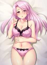 Rule 34 | 1girl, absurdres, bed sheet, blush, bra, breasts, cleavage, collarbone, cowboy shot, gluteal fold, highres, jewelry, kantai collection, large breasts, long hair, luigi di savoia duca degli abruzzi (kancolle), navel, open mouth, panties, pink bra, pink eyes, pink hair, pink panties, ring, ruin re birth, solo, underwear, underwear only, wedding band