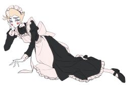 Rule 34 | 1boy, alternate costume, apron, arm support, ash im, back bow, black bow, black bowtie, black dress, black footwear, blonde hair, bow, bowtie, circle facial mark, closed mouth, collared dress, colored sclera, commentary request, crossdressing, dress, enmaided, facial mark, frilled apron, frilled dress, frills, frown, full body, hand on own cheek, hand on own face, hazbin hotel, juliet sleeves, korean commentary, long dress, long sleeves, looking at viewer, lucifer morningstar (hazbin hotel), lying, maid, maid apron, maid headdress, male focus, male maid, mary janes, puffy sleeves, red eyes, shoes, short hair, simple background, socks, solo, traditional bowtie, white apron, white background, white bow, white socks, yellow sclera