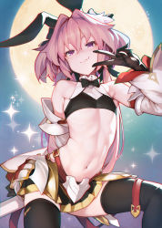 Rule 34 | 1boy, absurdres, animal ears, astolfo (fate), astolfo (saber) (fate), ataruman, bare shoulders, black bow, black bowtie, black gloves, black ribbon, black thighhighs, blush, bow, bowtie, chromatic aberration, detached sleeves, doyagao, fake animal ears, fang, fate/apocrypha, fate/grand order, fate (series), gloves, hair bow, hair intakes, hair ribbon, highres, long hair, looking at viewer, low twintails, male focus, moon, multicolored hair, navel, pink hair, purple eyes, rabbit ears, ribbon, skin fang, smile, smug, solo, sparkle, streaked hair, thighhighs, trap, twintails, v, white hair, wing collar
