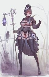 Rule 34 | 1girl, absurdres, bird, black hair, black leotard, black thighhighs, breasts, closed mouth, crow, dress, forest, full body, garter straps, highres, lantern, large breasts, leotard, long hair, looking at viewer, nature, original, outdoors, plague doctor, pointy ears, solo, standing, suerte, thighhighs, white dress