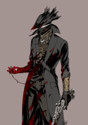 Rule 34 | 1boy, arizuka (catacombe), black coat, black gloves, black hat, black mask, blood, blood on clothes, blood on gloves, bloodborne, brown pants, brown scarf, brown vest, coat, commentary request, cowboy shot, gloves, grey background, grey eyes, gun, hat, highres, holding, holding gun, holding weapon, jacket, long sleeves, looking down, male focus, mask, mouth mask, open clothes, open jacket, pants, pocket watch, scarf, signature, simple background, solo, tricorne, vest, watch, weapon