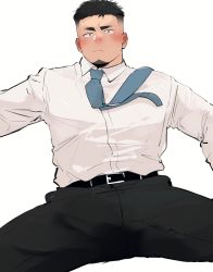 Rule 34 | 1boy, absurdres, bara, black hair, blue necktie, blush, bulge, collared shirt, facial hair, feet out of frame, goatee, highres, looking at viewer, male focus, mature male, muscular, muscular male, necktie, original, salaryman, shirt, short hair, solo, spread legs, sweatdrop, thick thighs, thighs, udon oneday, undercut, white background, white shirt