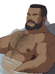 Rule 34 | 1boy, absurdres, arm hair, bara, barret wallace, beard, black hair, buzz cut, chest hair, completely nude, dark skin, dark-skinned male, earrings, facial hair, final fantasy, final fantasy vii, highres, jewelry, large pectorals, male focus, mature male, muscular, muscular male, nipples, nude, partially submerged, pectorals, ryker, short hair, smile, solo, stomach, undercut, upper body, very short hair