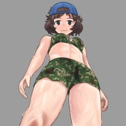 Rule 34 | 1girl, :3, abs, absurdres, akiyama yukari, bikini, breasts, brown eyes, brown hair, camouflage, camouflage bikini, camouflage shorts, girls und panzer, gobyl, grey background, hat, highres, looking at another, looking at viewer, muscular, muscular female, navel, shorts, small breasts, smile, solo, sweat, swimsuit, twitter username