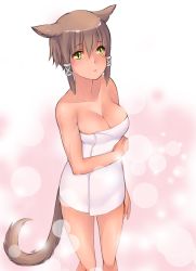 Rule 34 | 10s, 1girl, animal ears, bare shoulders, breasts, brown hair, cat ears, cat tail, cleavage, final fantasy, final fantasy xiv, long hair, looking at viewer, miqo&#039;te, solo, tail, takatsuki kahiro, thighs, warrior of light (ff14), wet, yellow eyes