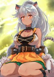 Rule 34 | 1girl, absurdres, animal ear fluff, animal ears, animal hands, belt, breasts, brown belt, cleavage cutout, closed mouth, clothing cutout, commentary, dress, gloves, highres, jewelry, karu (ricardo 2628), large breasts, latika (shadowverse), long hair, necklace, orange dress, orange eyes, paw gloves, shadowverse, short dress, silver hair, sitting, slit pupils, solo, tail, tan, wariza, white gloves