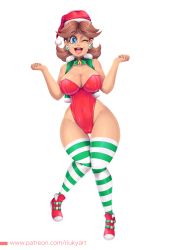 Rule 34 | 1girl, bare shoulders, blue eyes, breasts, brown hair, cameltoe, cleavage, curvy, earrings, flower earrings, full body, grin, hat, jewelry, legs, looking at viewer, mario (series), nintendo, one eye closed, open mouth, princess daisy, riukykappa, santa hat, smile, solo, super mario land, thick thighs, thighhighs, thighs, tomboy, wide hips, wink