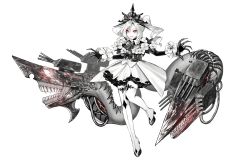 Rule 34 | 1girl, abyssal ship, claws, colored skin, dress, drill hair, flower, flower armlet, full body, kantai collection, monster girl, new light cruiser princess, official art, red eyes, tiara, transparent background, turret, twintails, ugume, white dress, white hair, white skin, wire