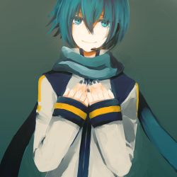 Rule 34 | 1boy, aqua eyes, aqua hair, bad id, bad pixiv id, green background, hands on own chest, headset, kaito (vocaloid), lemontea, male focus, nail polish, scarf, simple background, smile, solo, vocaloid