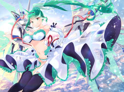 Rule 34 | 1girl, absurdres, breasts, bridal veil, bride, dress, elbow gloves, gloves, green eyes, green hair, highres, horns, huge filesize, large breasts, pneuma (xenoblade), ponytail, risumi (taka-fallcherryblossom), single horn, spoilers, swimsuit, thighhighs, veil, wedding dress, wings, xenoblade chronicles (series), xenoblade chronicles 2
