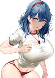 Rule 34 | 1girl, :o, absurdres, ako (blue archive), blue archive, blue eyes, blue hair, blush, breasts, buruma, commentary request, hair between eyes, hair ornament, highres, large breasts, looking at viewer, medium hair, namazu (yamasonson), parted lips, red buruma, shirt, short sleeves, simple background, solo, sweat, whistle, whistle around neck, white background, white shirt