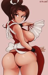 Rule 34 | 1girl, absurdres, ass, bare shoulders, breasts, brown eyes, brown hair, fatal fury, highres, huge ass, large breasts, long hair, looking at viewer, looking back, ponytail, shiranui mai, sideboob, smile, solo, thick thighs, thighs, wide hips