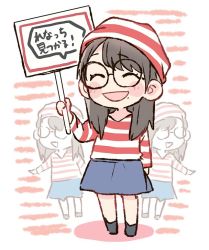 Rule 34 | 1girl, :d, ^ ^, akb48, black hair, black legwear, blue skirt, blush, chibi, closed eyes, commentary request, cosplay, glasses, holding, holding sign, katou rena, long hair, long sleeves, mole, mole under mouth, multiple views, open mouth, real life, round eyewear, shirt, sign, skirt, smile, standing, striped background, striped clothes, striped headwear, striped shirt, taneda yuuta, wally (where&#039;s wally), wally (where&#039;s wally) (cosplay), where&#039;s wally