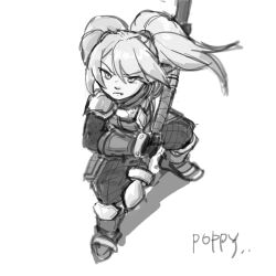Rule 34 | 1girl, boots, character name, closed mouth, fang, fang out, hair between eyes, highres, holding, holding weapon, league of legends, looking ahead, pants, poppy (league of legends), shoulder plates, simple background, solo, twintails, weapon, white background, xayahsona 27, yordle