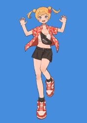 Rule 34 | 1girl, absurdres, air jordan, black shorts, black socks, blonde hair, blue background, blue eyes, blush, commentary request, floral print, flower, full body, hair flower, hair ornament, hands up, hawaiian shirt, highres, leaf print, leg up, looking at viewer, mashiro ka, nail polish, open clothes, open mouth, open shirt, original, red flower, red nails, shirt, shoes, short hair, short sleeves, shorts, simple background, sneakers, socks, solo, standing, straight-on, strapless, tube top, twintails, white tube top