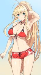 Rule 34 | 1girl, :o, ahoge, antenna hair, arm up, armpits, bikini, blonde hair, blue background, blue eyes, blush, breasts, cleavage, commentary request, front-tie bikini top, front-tie top, halterneck, high ponytail, highres, large breasts, long hair, looking at viewer, navel, o-ring, o-ring bikini, open mouth, original, pale skin, red bikini, red shorts, short shorts, shorts, solo, sweat, swimsuit, thighs, toned, underboob, very long hair, yappen