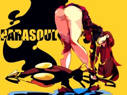 Rule 34 | 1girl, ass, bad id, bad twitter id, bent over, black background, character name, closed umbrella, dress, knees together feet apart, kurokoge013, legs, long hair, looking at viewer, looking back, no lineart, parasoul (skullgirls), red hair, short dress, simple background, skullgirls, solo, two-tone background, umbrella, yellow background