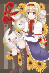 Rule 34 | 1girl, absurdres, alice margatroid, blonde hair, blue eyes, boots, bow, cake, capelet, cross-laced footwear, cup, female focus, food, hairband, high boots, highres, knee boots, lace-up boots, oji (axavier), short hair, smile, solo, spoon, sugar cube, sweets, tea, teacup, touhou