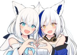Rule 34 | 2girls, :d, absurdres, ahoge, animal ear fluff, animal ears, aomiya yozuri, aqua eyes, bare shoulders, blue hair, blue kimono, blue neckerchief, blush, braid, breasts, color connection, commentary request, creator connection, dress, ear-to-ear, fang, fox ears, fox girl, goggles, goggles around neck, hair between eyes, hair color connection, heart, heart hands, heart hands duo, highres, hololive, hood, hooded vest, hoodie, japanese clothes, kimono, long hair, looking at viewer, medium breasts, morishi2000, multicolored hair, multiple girls, neckerchief, open mouth, shirakami fubuki, shirakami fubuki (1st costume), sidelocks, simple background, smile, strapless, streaked hair, vee (vtuber), vest, virtual youtuber, white background, white dress, white hair, white sleeves, yellow eyes