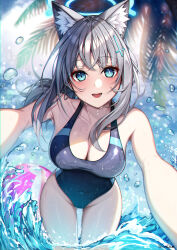 Rule 34 | 1girl, animal ears, aqua eyes, blue archive, breasts, cleavage, grey hair, highres, medium breasts, open mouth, shiroko (blue archive), smile, solo, swimsuit, water, yeooudam