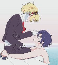 Rule 34 | 1boy, 1girl, aegis (persona), android, black jacket, black skirt, blonde hair, blue eyes, blue hair, bow, bowtie, closed mouth, commentary request, elulit2, eye contact, gekkoukan high school uniform, hairband, highres, jacket, korean commentary, looking at another, partially submerged, persona, persona 3, pool, red bow, red bowtie, robot ears, school uniform, short hair, sitting, skirt, topless male, water, wet, wet hair, yuuki makoto (persona 3)