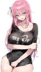 Rule 34 | 1girl, absurdres, black shirt, blush, bocchi the rock!, bottomless, breasts, collarbone, cube hair ornament, gotoh hitori, groin, hair ornament, highres, inusaka, large breasts, long hair, one side up, pink hair, shirt, shirt tug, simple background, solo, teardrop, tears, thick thighs, thighs, very long hair, white background