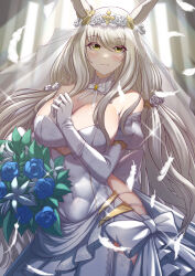 Rule 34 | 1girl, absurdres, alternate costume, animal ears, armpit crease, artist name, bare shoulders, biwa hayahide (umamusume), blush, bouquet, breasts, bride, closed mouth, commentary, commentary request, dress, ears down, falling feathers, feathers, flower, glasses, grey hair, hair between eyes, highres, holding, holding bouquet, horse ears, horse girl, jewelry, large breasts, long hair, looking at viewer, necklace, pov, same kujira (challenger 310), sleeveless, sleeveless dress, solo, tiara, umamusume, veil, veil lift, very long hair, wedding dress, white dress, yellow eyes