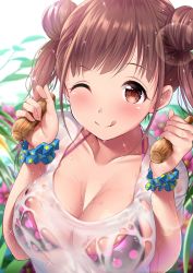 Rule 34 | 1girl, ;d, bikini, bikini under clothes, blush, breasts, brown hair, cleavage, collarbone, double bun, garana, hair bun, highres, idolmaster, idolmaster shiny colors, large breasts, lens flare, light particles, long hair, looking at viewer, one eye closed, open mouth, pink bikini, red eyes, see-through, shirt, smile, solo, sonoda chiyoko, sunlight, swept bangs, swimsuit, tongue, tongue out, twintails, wet, wet clothes, wet shirt