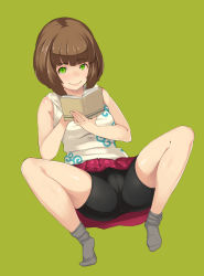 Rule 34 | 1girl, bare shoulders, bike shorts, book, brown hair, cameltoe, green background, green eyes, highres, looking at viewer, lying, no shoes, on back, open book, original, reirou, sabi wasabi, shiny skin, short hair, simple background, skirt, sleeveless, smile, socks, solo, spread legs