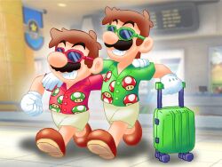 1up_mushroom airport brown_hair facial_hair gloves hug luigi luigi_(vacation) mario mario_(series) mario_dragon mario_kart mario_kart_tour mustache nintendo shirt shoes shorts smile suitcase sunglasses super_mushroom