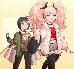 Rule 34 | 2girls, absurdres, alternate costume, bag, boots, bow, camouflage, camouflage shirt, carrying, carrying bag, choker, closed eyes, collarbone, danganronpa: trigger happy havoc, danganronpa (series), denim, ear piercing, enoshima junko, fake nails, fingernails, fishnet pantyhose, fishnets, fluffy, fluffy coat, freckles, green jacket, grey eyes, hair bow, hair ornament, handbag, highres, ikusaba mukuro, jacket, jeans, long eyelashes, long fingernails, long hair, long sleeves, looking at another, multiple girls, nail polish, navel, open mouth, pants, pantyhose, piercing, red nails, shirt, shopping, shopping bag, siblings, simple background, sisters, strapless, teeth, thigh boots, thighhighs, tube top, twins, twintails
