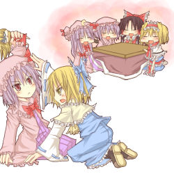 Rule 34 | 6+girls, :&lt;, :d, = =, alice margatroid, bat wings, blonde hair, bow, capelet, chibi, child, crescent, doll, female focus, frills, frown, hair bow, hairband, hakurei aimu, hakurei reimu, hat, if they mated, kotatsu, large bow, long hair, multiple girls, natsuk, open mouth, patchouli knowledge, purple hair, red eyes, remilia scarlet, shaded face, shanghai doll, short hair, smile, table, touhou, wings, yellow eyes, yuri