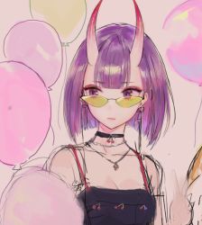 Rule 34 | 1girl, absurdres, bad id, bad twitter id, balloon, black choker, blunt bangs, bob cut, breasts, choker, cleavage, closed mouth, contemporary, earrings, eyeshadow, fate/grand order, fate (series), green-tinted eyewear, green-tinted glasses, highres, horns, jewelry, looking over eyewear, looking over glasses, looking to the side, makeup, oyabuli, purple eyes, purple hair, rimless eyewear, short hair, shuten douji (fate), sketch, skin-covered horns, small breasts, solo, sunglasses, tinted eyewear, upper body, yellow-tinted eyewear, yellow-tinted glasses