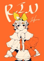 Rule 34 | 1girl, 3kuma, bad id, bad twitter id, black eyes, black thighhighs, bow, coat, commentary, hair bow, hair ornament, hairclip, highres, kagamine rin, limited palette, mittens, multicolored coat, orange background, orange theme, short hair, solo, thighhighs, two-tone coat, vocaloid, winter clothes, winter coat, yellow bow, zettai ryouiki
