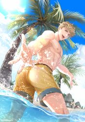 Rule 34 | 2boys, abs, ass, back, bara, beach, blonde hair, cloud, day, granblue fantasy, highres, hinoakimitsu, large pectorals, looking at viewer, male focus, male swimwear, multiple boys, muscular, muscular male, nipples, official alternate costume, open mouth, outdoors, partially submerged, pectorals, percival (granblue fantasy), percival (summer) (granblue fantasy), short hair, sky, smile, solo focus, splashing, summer, swim trunks, swimsuit, thick thighs, thighs, topless male, twitter username, vane (granblue fantasy), vane (summer) (granblue fantasy), water, wet, wet clothes, wet male swimwear, wet swimsuit, yellow male swimwear, yellow swim trunks