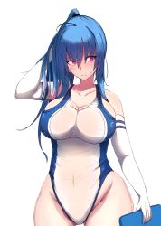 Rule 34 | 1girl, adjusting hair, ahoge, arm up, azur lane, bad id, bad pixiv id, bakuretsu tenshi, bangsy, bare shoulders, blue hair, blush, breasts, cleavage, closed mouth, collarbone, competition swimsuit, covered navel, cowboy shot, elbow gloves, gloves, gluteal fold, groin, hand in own hair, highres, holding, large breasts, light frown, long hair, looking away, looking to the side, one-piece swimsuit, pink eyes, ponytail, shiworiita, simple background, skin tight, solo, st. louis (azur lane), standing, swimsuit, tsurime, white background, white gloves, white one-piece swimsuit