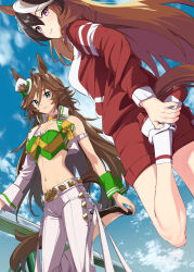 Rule 34 | 2girls, ahoge, animal ears, armband, breasts, brown footwear, brown hair, choker, closed mouth, cloud, cover, cover page, cropped jacket, dated, day, glint, green eyes, hair ornament, hairclip, hat, high heels, horse ears, horse girl, horse tail, jacket, long hair, long sleeves, looking at viewer, midriff, mini hat, mini top hat, misu kasumi, mr. c.b. (umamusume), multicolored hair, multiple girls, navel, outdoors, pants, purple eyes, red jacket, red shorts, shirt, shoes, short shorts, shorts, single sleeve, single wrist cuff, small breasts, smile, sneakers, socks, standing, strapless, strapless shirt, streaked hair, stretching, symboli rudolf (umamusume), tail, top hat, tracen training uniform, track jacket, translation request, umamusume, white jacket, white pants, white socks, wrist cuffs