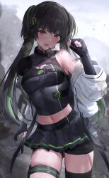 Rule 34 | 1girl, :o, absurdres, asymmetrical clothes, asymmetrical legwear, bike shorts, bike shorts under skirt, black gloves, black hair, black shirt, black shorts, black skirt, blush, breasts, commentary, fingernails, gloves, green hair, headset, highres, idolmaster, idolmaster shiny colors, jacket, jacket partially removed, long hair, looking at viewer, mayuzumi fuyuko, medium breasts, midriff, miniskirt, multicolored hair, nail polish, navel, outdoors, partially fingerless gloves, pleated skirt, powder is kona, shirt, shorts, signature, single bare shoulder, skirt, solo, streaked hair, twintails, two-tone hair, very long hair, white jacket