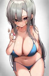 Rule 34 | 1girl, arm behind back, bandaid, bandaid on face, bikini, blue bikini, breasts, brown eyes, cleavage, closed mouth, collarbone, gradient background, grey background, grey hair, hair between eyes, highres, holding, kaptivate, large breasts, long hair, looking at viewer, mole, mole on breast, navel, original, side-tie bikini bottom, smile, standing, swimsuit, thigh gap