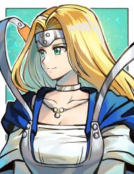 Rule 34 | 1girl, betabetamaru, blonde hair, blue cape, breasts, cape, circlet, cleavage, collar, commentary request, dragon quest, dragon quest vi, green background, green eyes, highres, large breasts, long hair, looking to the side, mireyu, smile, solo, upper body