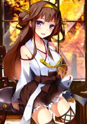 Rule 34 | 10s, 1girl, ahoge, bare shoulders, brown hair, detached sleeves, frilled skirt, frills, hairband, headgear, henet hene, kantai collection, kongou (kancolle), long hair, looking at viewer, nontraditional miko, purple eyes, ribbon-trimmed sleeves, ribbon trim, skirt, solo
