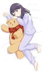 Rule 34 | 1girl, barefoot, black hair, commentary request, fukumaru koito, hair down, highres, idolmaster, idolmaster shiny colors, isoginn chuck, long sleeves, looking at viewer, lying, on bed, on side, pajamas, polka dot, polka dot pajamas, purple eyes, purple pajamas, solo, stuffed animal, stuffed toy, swept bangs, teddy bear