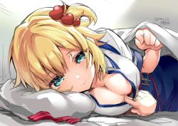 Rule 34 | 1girl, akai haato, akai haato (1st costume), bed, blonde hair, blue eyes, blush, bra, breasts, cleavage, clothes pull, commentary request, dated, ekakibito, hair ornament, heart, heart hair ornament, hololive, large breasts, looking at viewer, lying, on side, pillow, shirt pull, simple background, smile, solo, underwear, virtual youtuber