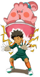 Rule 34 | 1boy, arms up, blue eyes, blush stickers, brock (pokemon), brown hair, closed eyes, closed mouth, collared shirt, cosplay, creatures (company), dark-skinned male, dark skin, egg, electricity, game freak, gen 4 pokemon, gloves, green shirt, green shorts, hands up, happiny, kinashi, kneehighs, lightning bolt symbol, male focus, nintendo, open mouth, orange socks, pokemon, pokemon (creature), pokemon rgby, shirt, shoes, short hair, shorts, simple background, sketch, soccer uniform, socks, spiked hair, sportswear, spread fingers, tachimukai yuuki, tachimukai yuuki (cosplay), v-shaped eyebrows, white background, white footwear, white gloves