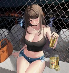 Rule 34 | 1girl, arm support, bag, bare shoulders, beer can, blush, brown eyes, brown hair, can, chain-link fence, crop top, cutoffs, drink can, fence, handbag, head tilt, highres, long hair, midriff, navel, night, night sky, open mouth, original, short shorts, shorts, sitting, sky, somyo (s0my0), sweat, tank top, thighs, water