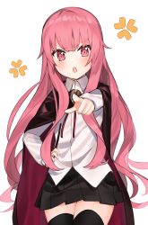 Rule 34 | 1girl, anger vein, black cape, black skirt, black thighhighs, blush, cape, collared shirt, dress shirt, hand on own hip, highres, idemitsu, long hair, long sleeves, looking at viewer, louise francoise le blanc de la valliere, outstretched arm, parted lips, pink hair, pleated skirt, pointing, pointing at viewer, red cape, red eyes, shirt, simple background, skirt, sleeves past wrists, solo, teeth, thighhighs, upper teeth only, very long hair, white background, white shirt, zero no tsukaima