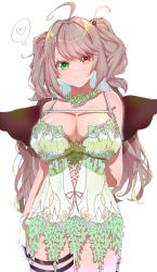 Rule 34 | 1girl, :3, absurdres, ahoge, arm behind back, breasts, cleavage, curly hair, e sky rugo, girls&#039; frontline, gloves, green eyes, grey hair, heart, heterochromia, highres, large breasts, lingerie, long hair, looking at viewer, negligee, red eyes, smile, solo, spoken heart, ssg3000 (girls&#039; frontline), thigh gap, thigh strap, two side up, underwear, white background, white gloves