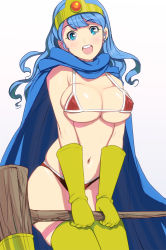Rule 34 | 1girl, bad id, bad pixiv id, bikini, blue eyes, blue hair, breasts, cape, chunsoft, circlet, cleavage, covered erect nipples, cowboy shot, dragon quest, dragon quest iii, enix, gloves, kouno (masao), large breasts, leaning forward, long hair, looking at viewer, matching hair/eyes, micro bikini, navel, open mouth, sage (dq3), simple background, smile, solo, staff, swimsuit, teeth, thighhighs, underboob, yellow thighhighs